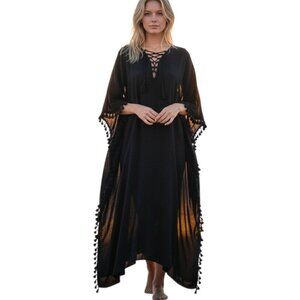Walter Baker Acapulco Kaftan Black Fringe Sheer Beach Coverup Muumuu - One Size